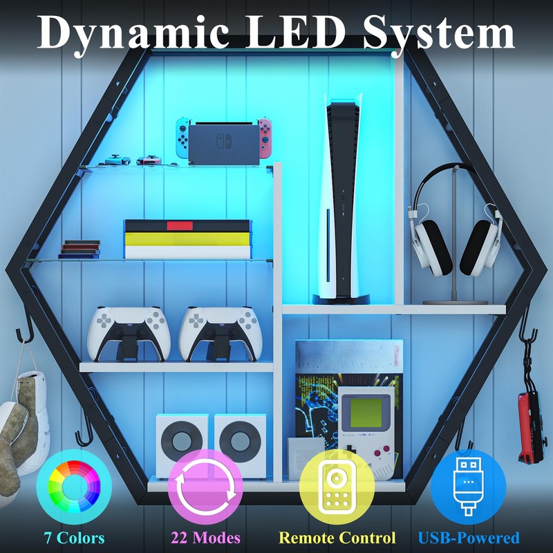 kepptory 39 inch Large Gaming Floating Shelves with LED Lights,