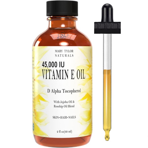 Mary Tylor Naturals Vitamin E Oil 2 oz — 45,000 IU D-Alpha Tocopherol — for Face, Skin Body, Hair & Nails — Visibly Reduce Appearance of Wrinkles, Dark Spots, Surgery Scars, DIY
