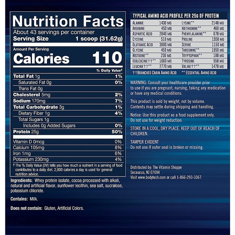 BODYTECH Whey Protein Isolate Powder - 25g Protein per Serving