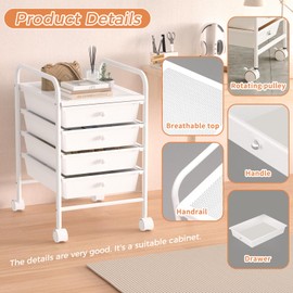 4 Tier Utility Rolling Cart with 4 Drawers Multipurpose Rolling Storage Cart with Wheels and Handles for Office Classroom Kitchen Bathroom Bedroom Organization White
