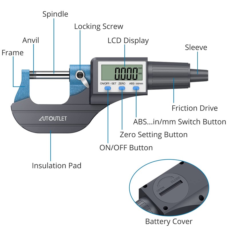 AUTOUTLET Micrometer Digital Outside Micrometer 0-25 mm / 0.001 mm,