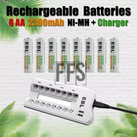EBL Rechargeable Batteries 8 AA 2300mAh + 8 Bay Charger USB LED Fast NiMH NiCD