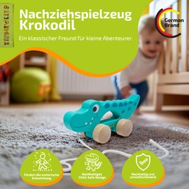 Wooden Crocodile Pull Along Toy, Child-friendly Educational Toy, Kids Toy for Pulling, Pushing and Playing