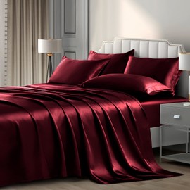P Pothuiny 6 Pieces Full Satin Sheets Luxury Silky Burgundy Satin Bedding Sheet Set, 1 Deep Pocket Fitted Sheet + 1 Flat Sheet + 4 Pillow Cases