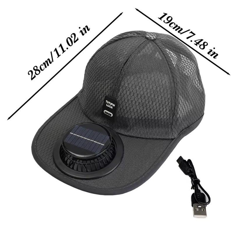 Solar & USB Rechargeable Fan Baseball Cap, 3-Speed Mesh Cooling