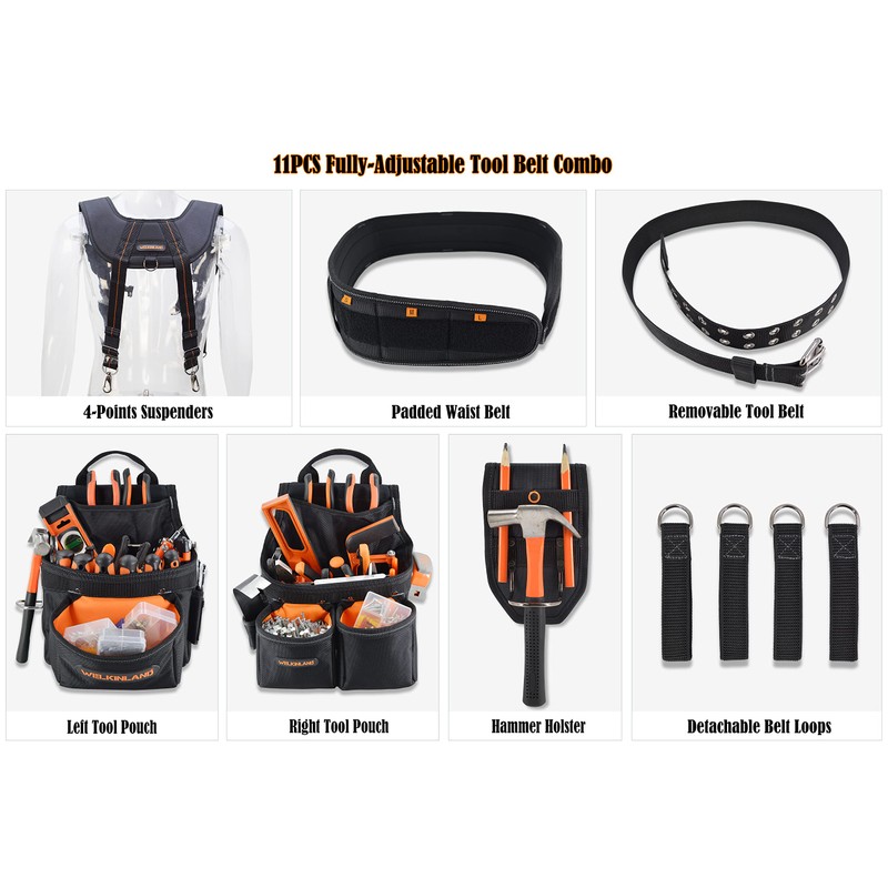 WELKINLAND 39Pockets Tool Belts for Men with Suspenders, 4" Padded