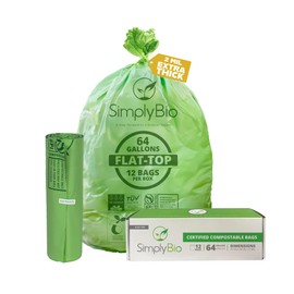 Simply Bio 64 Gallon Compostable Trash Bags Flat-Top, Heavy Duty Extra Thick 2 Mil, 242.27 Liter, 12 Bags, Large Lawn and Yard Waste Bag, ASTM D6400, US BPI and OK Compost Home Certified