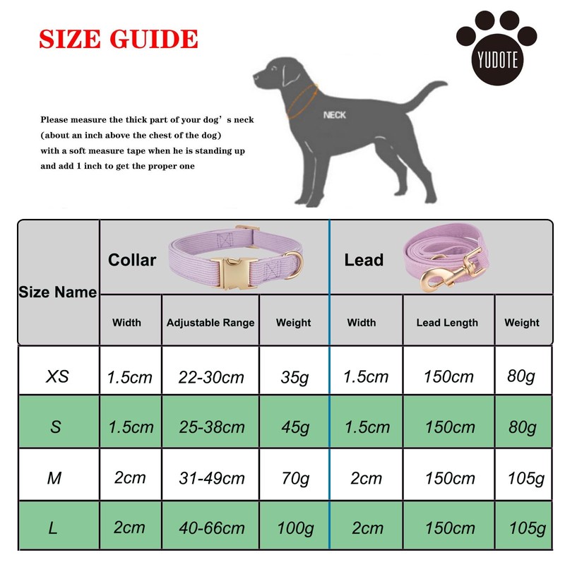 YUDOTE Dog Collar and Lead Set Large,Soft Non-Irritant Corduroy Collar