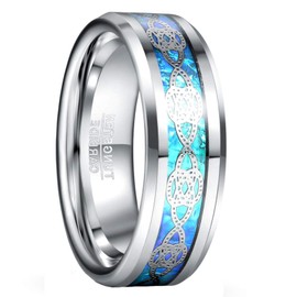 VAKKI 8mm Silver Tungsten Ring for Men Celtic Knot Wedding Rings Inlaid with Blue Opal Paper Beveled Edges Size V1/2