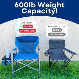 RMS XXL Extra Wide Folding Director Chair – Supports 600lbs Weight - Heavy Duty for Camping, Home Patio and Sports - Portable and Collapsible with Side Table, Cooler and Carrying Bag - Blue