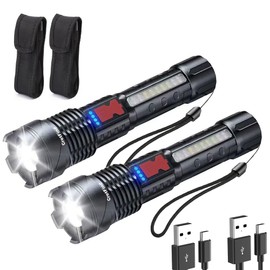 CretFine LED High Lumens Flashlight Rechargeable with Side COB Lights Tactical Super Bright Flashlights Waterproof, 7 Modes 1000LM 2000mAh, Zoomable Flash Light for Camping, Emergency, Gift, 2 Pack