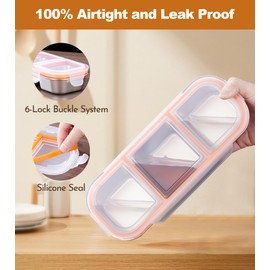 Ugotit Snack Box with Compartments, 3 Compartments Stainless Steel Bento Box, Reusable Food Storage Containers with Airtight Lid for Adult (Gray, 600ml)