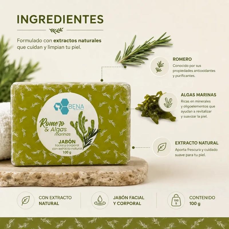 Jabon Artesanal Romero Y Algas Marinas Antioxidante Bena