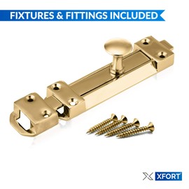 XFORT® 2 Pack Polished Brass Door Bolt, Surface Mounted Sliding Door Lock, Durable Door Lock Bolts Ideal for Securing Internal Doors for Bedrooms, Bathrooms, Cupboards and Storage Units (100mm)