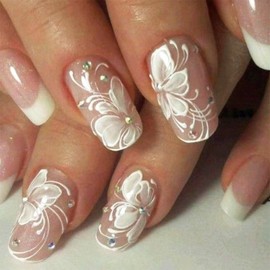 IMRAIN White French Tip Press on Nails Short Square Fake Nails White Flowers False Nails Glossy Full Cover Glue on Nails Spring Acrylic Floral Artificial Nude Squoval Nails for Women 24Pcs