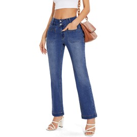 SEASUM Front Pockets Bell Bottom Jeans for Women 90s Mid Waisted Flare Bootcut Stretchy 2024 Y2K Trendy Denim Pants Deep Blue S