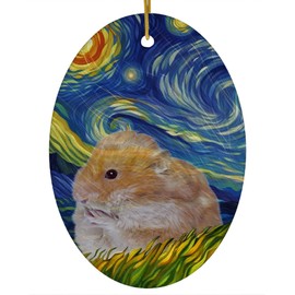 Whimsical Night Sky Red Hamster Christmas Ornament White Oval Ceramic - Impressionist Pet Portrait Memorial Keepsake Gifts for Hamster Lovers