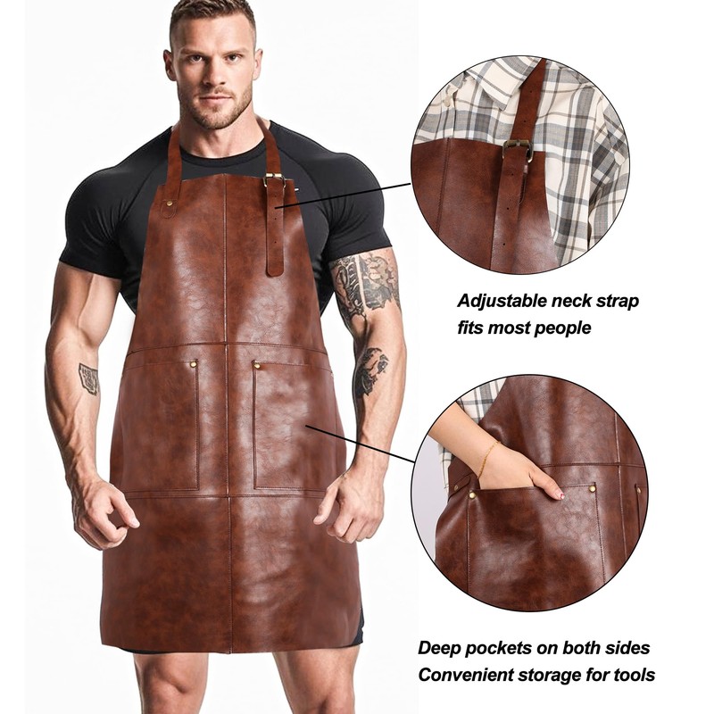 MIKI WELL Leather Welding Rustic Apron with Large Pockets and