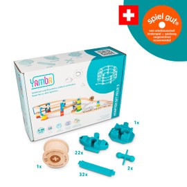 Yamba Helix 1 Adaptor Set for Brio® Rails and Duplo® Building Blocks. Fits all Common Wooden Trains and Clamping Blocks. Includes Wooden Roller Roller, Swiss Made (55112)