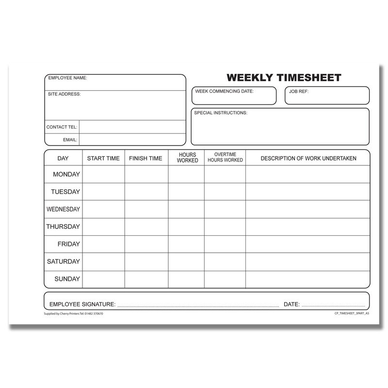 Cherry Carbonless NCR Weekly Timesheet Triplicate Book A4 50 Sets
