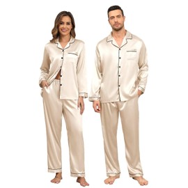 YOZLY Couple Matching Pajamas Set Satin Button Down Silky Sleepwear Long Sleeve Loungewear 2 Pcs Pj Set S-2XL with Pockets Women Champagne Medium