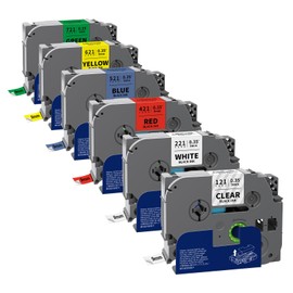 Labelwell 6-Pack TZe TZ Tape 9mm 0.35 Inch Laminated Multi Color Compatible for P Touch Label Tape TZe-121 221 421 521 621 721 for PTouch PT-H110 D210 D220 PT-H103W, Clear/White/Red/Blue/Yellow/Green