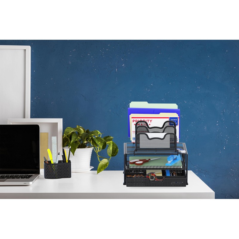 Simple Houseware Mesh Desk Organizer with Sliding Drawer, Double Tray