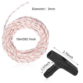 Starter Pull Cord, Starter Rope 10 Metres 3.0 mm Pull Cord with 3 Pieces Starter Handle, Lawn Mower Starter Cord Rope, for Lawnmower Chainsaw Trimmer Edger Brush Cutter Engine Parts