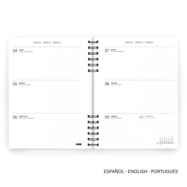 Miquelrius - 2025 Calendar Size 155 x 213 mm Week to View Card Cover Sustainable Paper 100gsm Rubber Closure Spanish English Portuguese Black