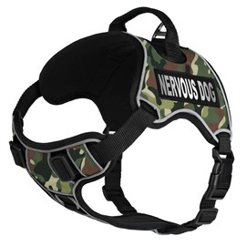 Dogline Quest No-Pull Dog Harness with Nervous Dog Reflective Removable Patches Soft Comfortable Dog Vest with Quick Release Dual Buckles Black Hardware and Handle 36 to 45 inches GreenCamo