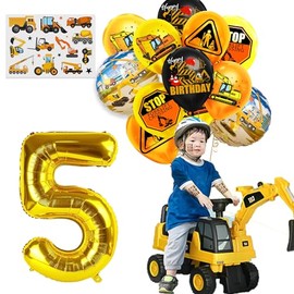 5th Construction Truck Birthday Party Supplies Boys, Excavator Latex Balloons Construction Foil Balloons Number 5 Foil Balloons theme Tattoo For Boys Fifth Birthday Baby Shower Party Decorations