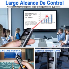 Presentador Inalámbrico para Diapositivas, PowerPoint Control Remoto para Presentaciones 2.4 GHz USB Recargable Pantalla Digital LED Volumen Ajustable Hipervínculo Plug &Play Windows Mac
