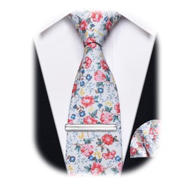 YourTies Pink Floral Tie for Men 2.5" Printed Cotton Skinny Necktie Pocket Square Tie Clip Flower Wedding Party Groom