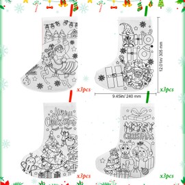 HOWAF 12 Pcs Christmas Stocking Kit DIY Christmas Stocking Crafts with Paint Pens, Color Your Own Xmas Tree Santa Elk Stockings HO HO HO Coloring Stocking for Merry Christmas Hanging Ornaments