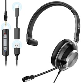 Voistek USB Headsets with Microphone, USB/3.5mm Type-C Single Mono Headset with Noise Cancelling Microphone Volume Control PC Headsets for Laptop/Office/Call Center/Skype Chat Webinar