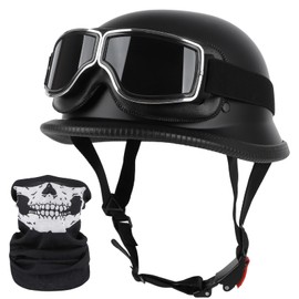 German Style Motorcycle Half Helmet, Vintage Lightweight Motorcycle Helmets, DOT Approved Adult Men Women Retro Half Face Helmet, with Goggles, for Bicycle Cruiser Scooter(V1,L(59~60cm))