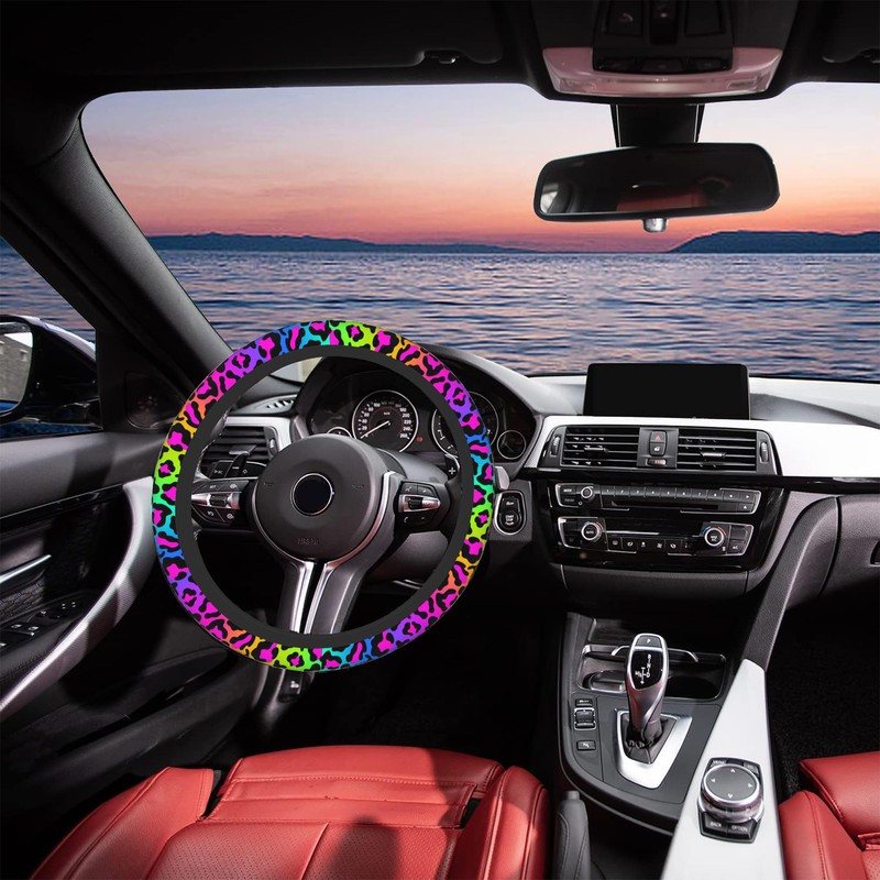 Rainbow Leopard Steering Wheel Cover,Cheetah Spots Elastic Non-Slip Steering Wheel