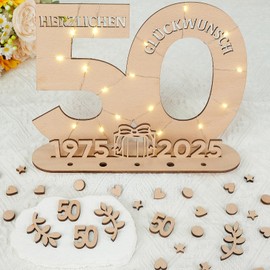 I LOVE MOM 2025 Birthday Wooden Women & Men, 50th Golden Wedding Original Birthday Gift with LED Lamp and Small Wooden Love Heart, Leaves, Numbers Decoration, for Gifts, Wedding Anniversary