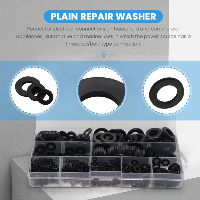 Bzocio 600Pcs Black Nylon Rubber Flat Washer Assortment Kit for