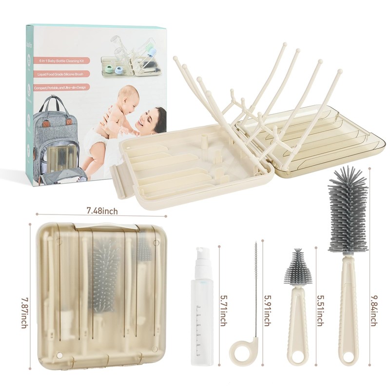 Baby Bottle Brush Set, 6-in-1 Travel Bottle Cleaning Kit with