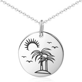 MATERIA by Matthias Wagner Palm Tree Island Pendant 925 Silver Round with Women's Chain, Sterling Silver
