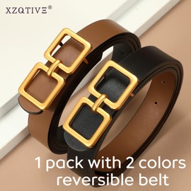 XZQTIVE Reversible Belts for Women, 2 in 1 Ladies Leather Belt for Dress Pants Jeans with Fashion Gold Buckle, 0.9'' Wide, 1 Pack, Black/Brown, Fits Pant Sizes 37-41 inch