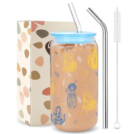 Kihraw Our Lady of Fatima Glass Cup, Catholic Marian Drinking Glasses 16 oz Iced Coffee Cup Religious Guadalupe Tumblers for Birthday Wedding Party Gifts Include 2 Straw & 1 Cleaning Brush