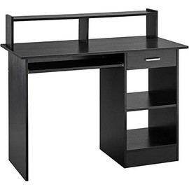 Yaheetech Home Office Wood Computer Desk with Drawers, Hutch with Pull-Out Keyboard Tray, Study Writing Desk PC Laptop Table with Storage Shelves, Modern Workstation, Black