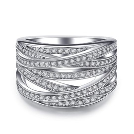 DOCCESTU 925 Sterling Silver Shiny Interwoven Multi-Layer Winding Paving Cubic Zirconia Ring Multiple Rows CZ Diamond Ring Thick Band Ring Eternal Engagement Women's Wedding Ring Size 9