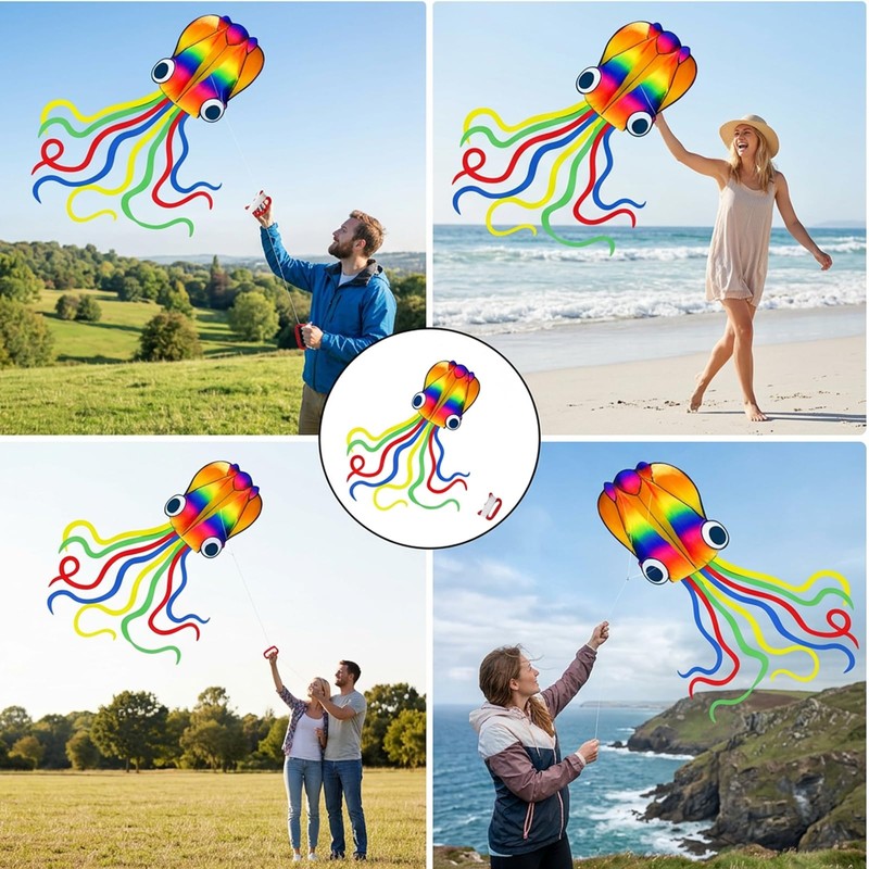 2 Pcs Kites for Adults, Giant Rainbow Soft Octopus Kites