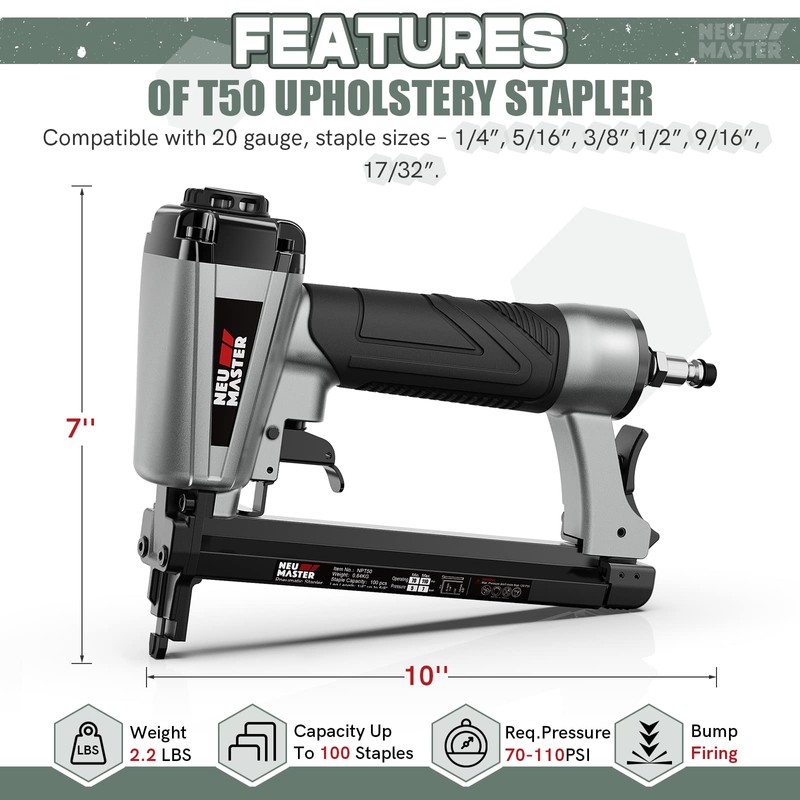 NEU MASTER Pneumatic Staple Gun, 20 Gauge Upholstery Stapler with
