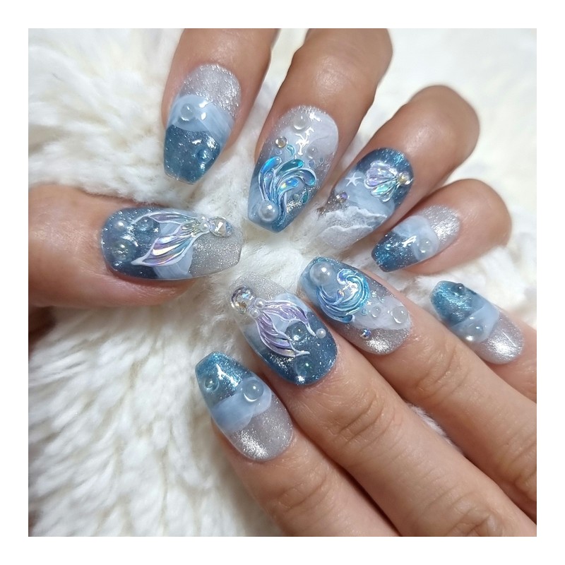 Mermaid Tail Handmade Nail Tips - Short Square / 머메이드