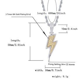 JINAO Hip Hop Lightning Bolt Design Pendant 18k Gold Plated Iced Out Cubic Zirconia Pendant Necklace with Micropave Simulated Diamond for Men Women (Two Colors)
