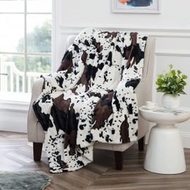 BYTIDE Cow Printed Plush Faux Fur Throw Blanket, 300GSM Soft Western Double Sides Fuzzy Black White Brown Throw, Couch Cover Lightweight Fluffy Blankets for Sofa Chair Bed Home Décor, 50" x 60"
